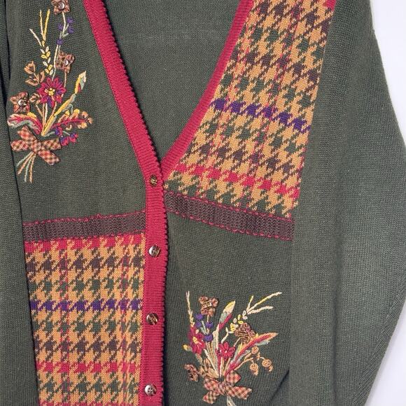 Napa Valley Women’s Cardigan Sweater Small Green Houndstooth Floral Embroidered - Picture 6 of 9